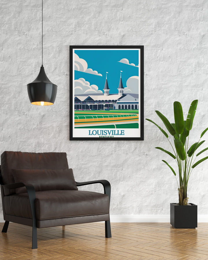 A stunning wall art print of Louisville, Kentucky, showcasing the famous Churchill Downs and the citys skyline. This artwork captures the essence of the citys rich history and its connection to horse racing culture, making it an ideal decor piece for Kentucky lovers.