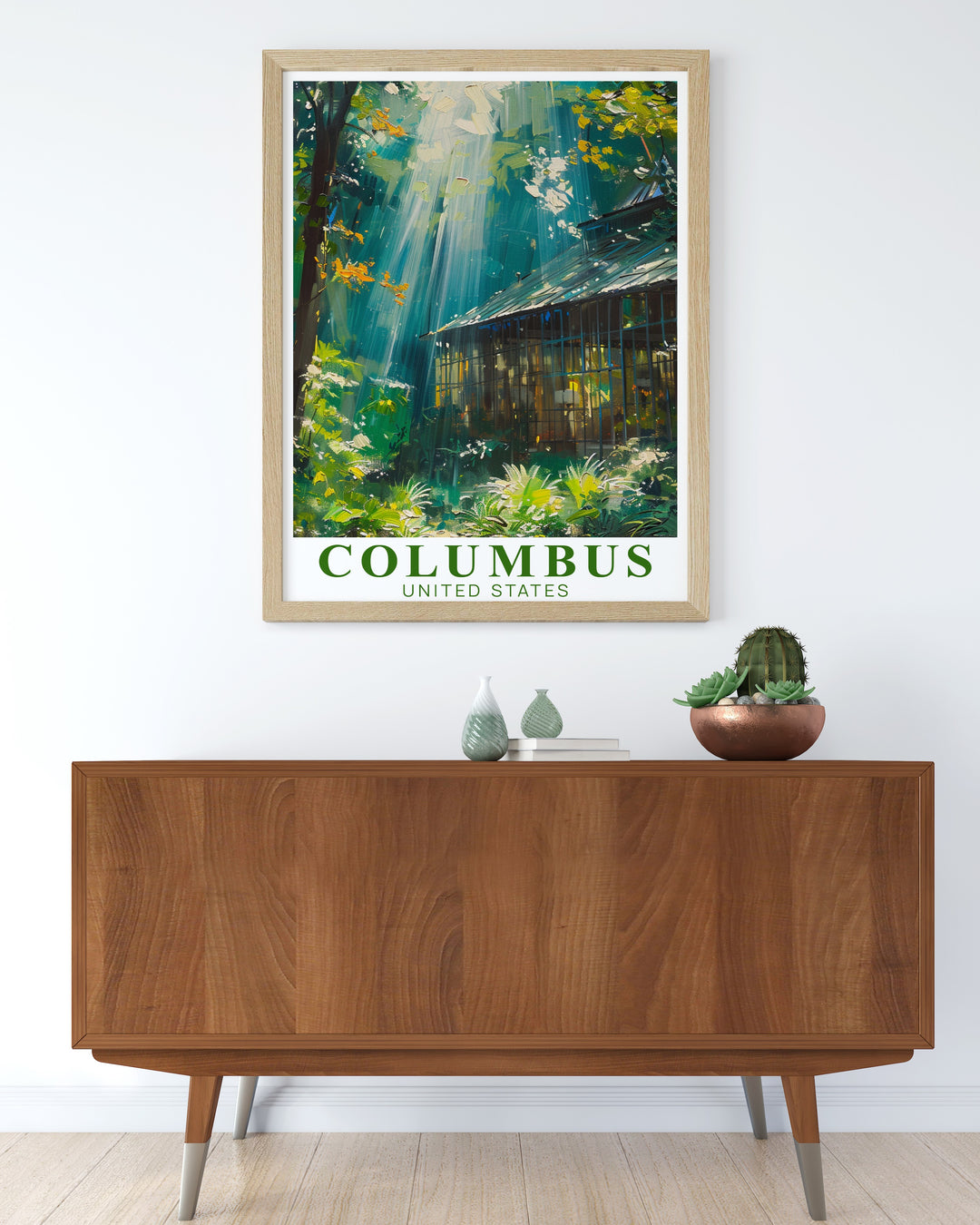 Minimalistic Columbus travel print featuring Franklin Park Conservatory and the city skyline. This personalized Columbus city map offers modern decor lovers a stylish wall art option for anniversaries birthdays or any special occasion.