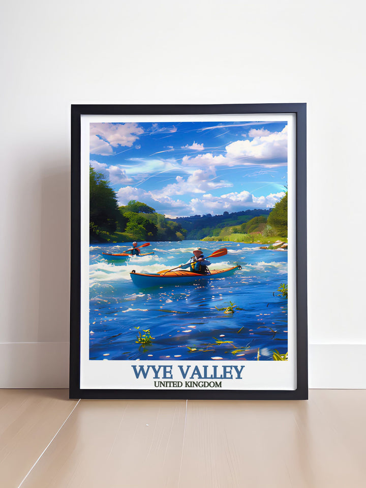 Nature wall art of Canoeing and Kayaking on the River Wye featuring lush landscapes and peaceful river views. An ideal gift for those who appreciate vintage and retro styles.