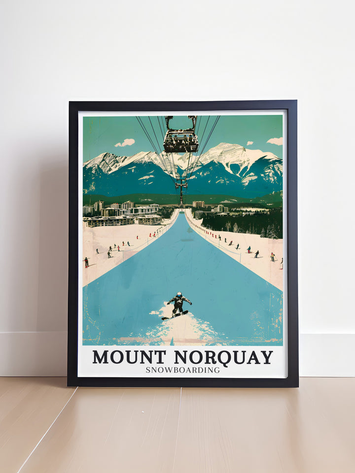 Mount Norquay Snowboarding Travel Print depicting the thrill of snowboarding down the challenging slopes of Mount Norquay, with the stunning Canadian Rockies as a backdrop. A perfect piece for winter sports fans and mountain lovers.