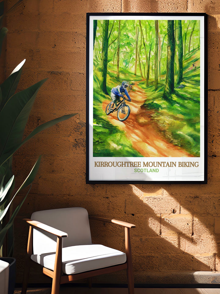 Galloway Forest Park mountain biking art featuring the exhilarating 7stanes Kirroughtree trails. This travel print offers a vivid portrayal of the trails beauty and challenges, making it a great choice for anyone with a passion for cycling.