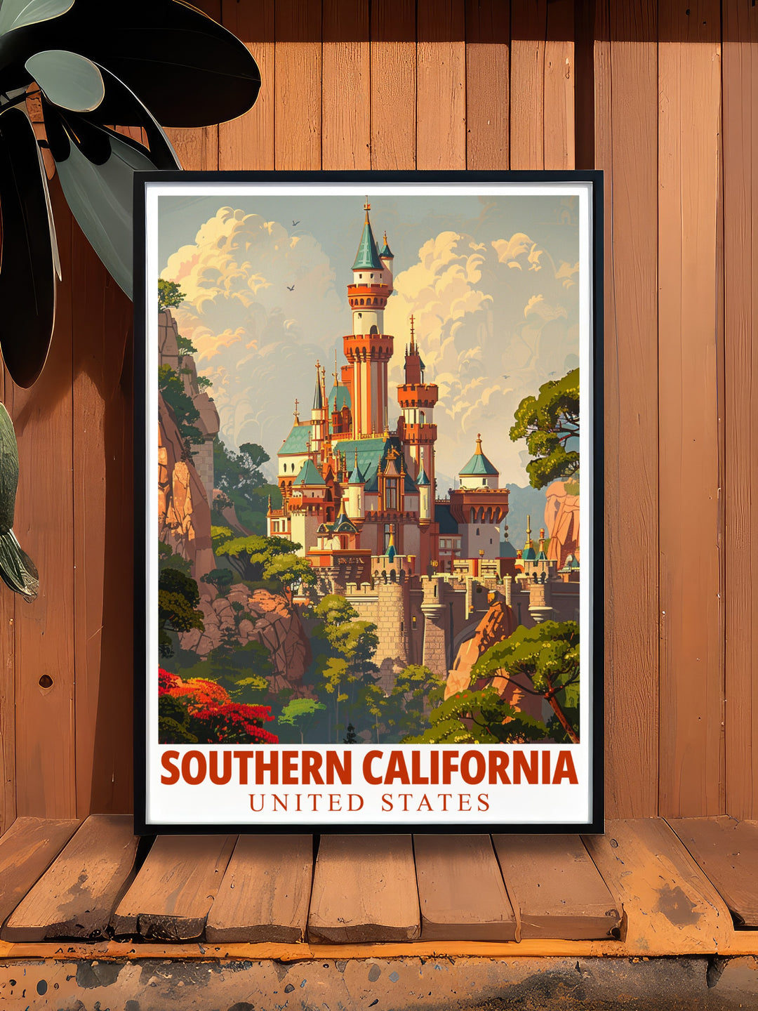 Sleeping Beauty Castle in Southern California is brought to life in this colorful art print. With fine lines and vibrant hues, this poster captures the whimsical charm of the iconic castle, making it an ideal addition to any room.