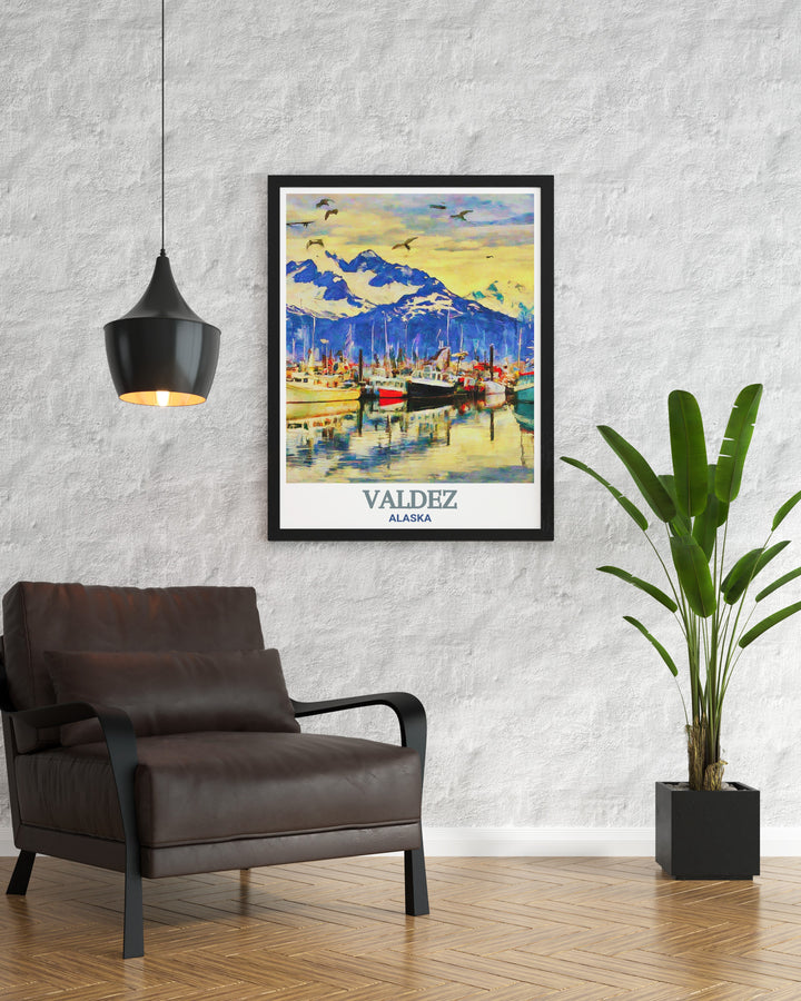 Capture the serene beauty of Valdez Harbor with this Alaska art print. Featuring calm waters and snow capped mountains, this Valdez poster brings the peaceful charm of Alaskas coastline into your home, making it a perfect gift for nature lovers and travelers.