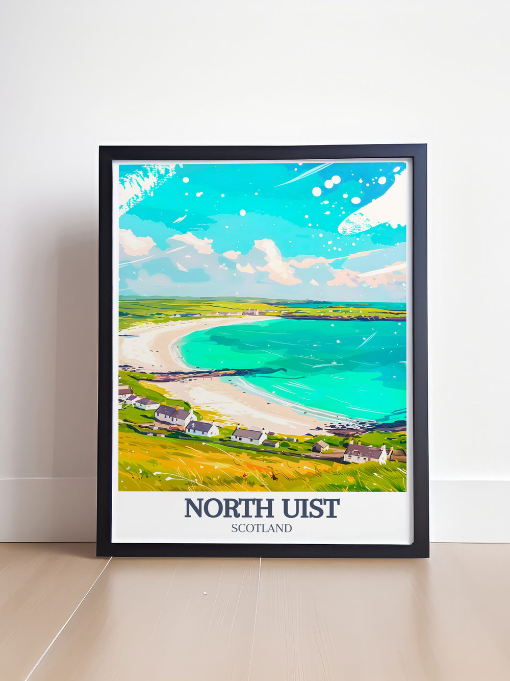 Celebrate the beauty of Scotlands Outer Hebrides with this North Uist travel print. Featuring Eaval Mountain and Sollas Beach, this framed art captures the rugged charm of North Uist, making it a stunning piece of wall art for any home or office.