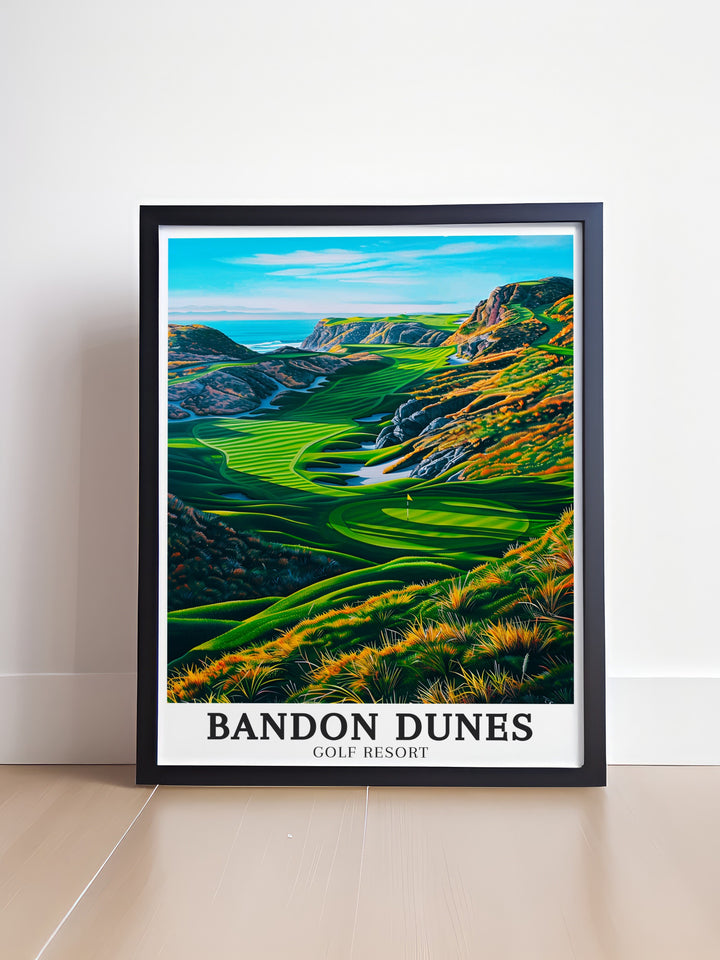 A large canvas print capturing the lush fairways of Bandon Dunes, framed by the Pacific Oceans endless horizon. This vibrant artwork celebrates the sport of golf against one of the worlds most stunning backdrops, offering a striking piece for any golf themed room.