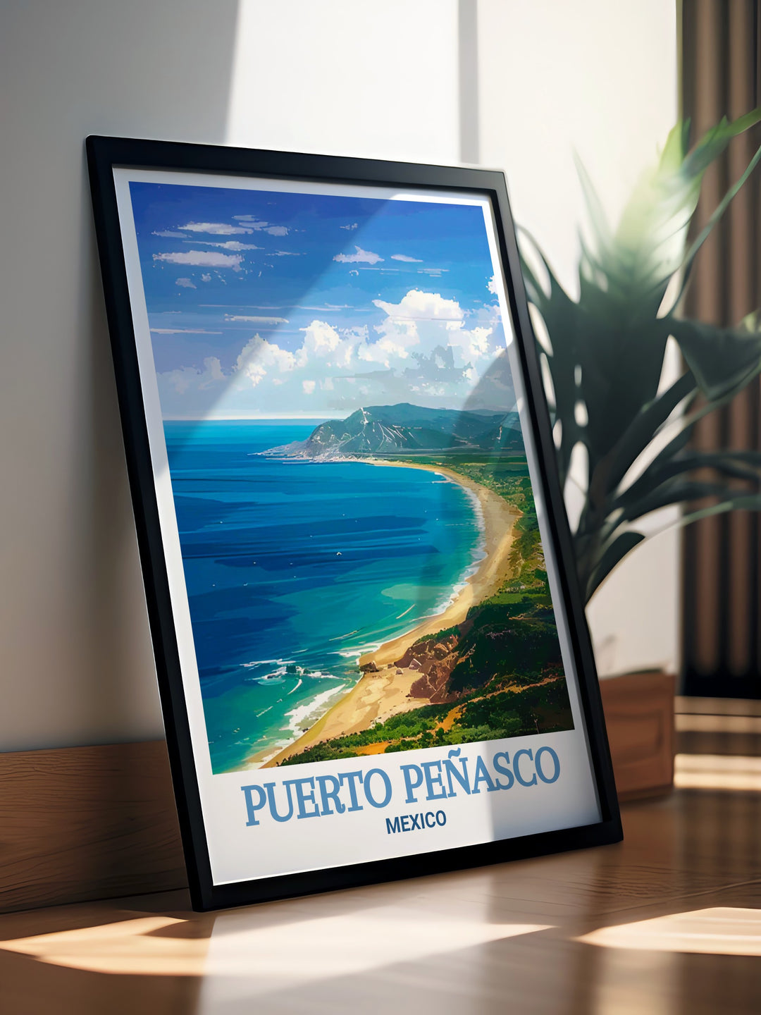 Canvas art depicting the scenic landscapes of Puerto Peñascos Cholla Bay, highlighting the soft colors and gentle waves that make this destination a serene retreat. Perfect for those who want to bring the relaxing vibes of the ocean into their home, this print captures the essence of coastal Mexico.