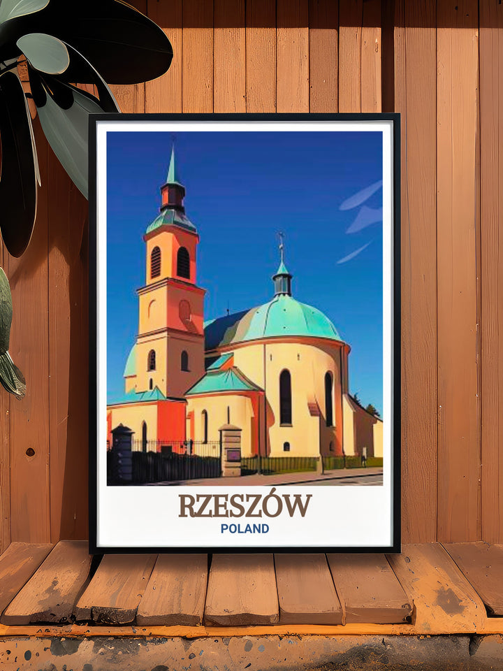 Add a piece of Polish heritage to your home with this Rzeszow art print featuring the Bernardine Church and Monastery a stunning example of Poland artwork that transforms any space into a sophisticated and inviting environment.