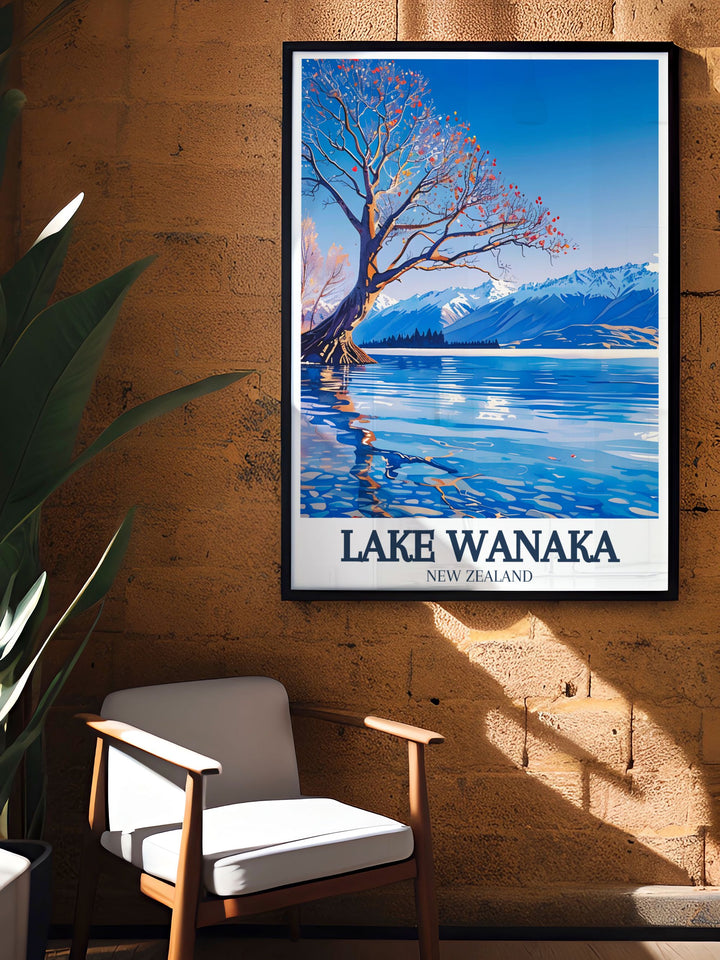 Modern Lake Wanaka wall art featuring the famous lake wanaka tree in Mount Aspiring National Park An ideal addition to any home decor offering a serene and peaceful ambiance