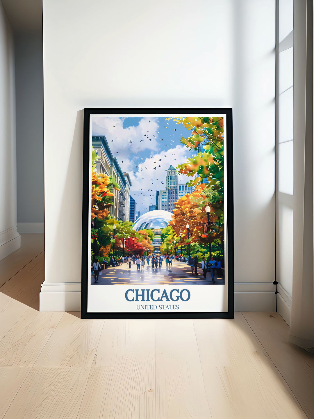 The bustling energy of Millennium Park is showcased in this travel print, highlighting the unique attractions that make it famous. This poster artfully depicts the dynamic blend of nature and architecture found in Chicago, offering a perfect addition to any wall.