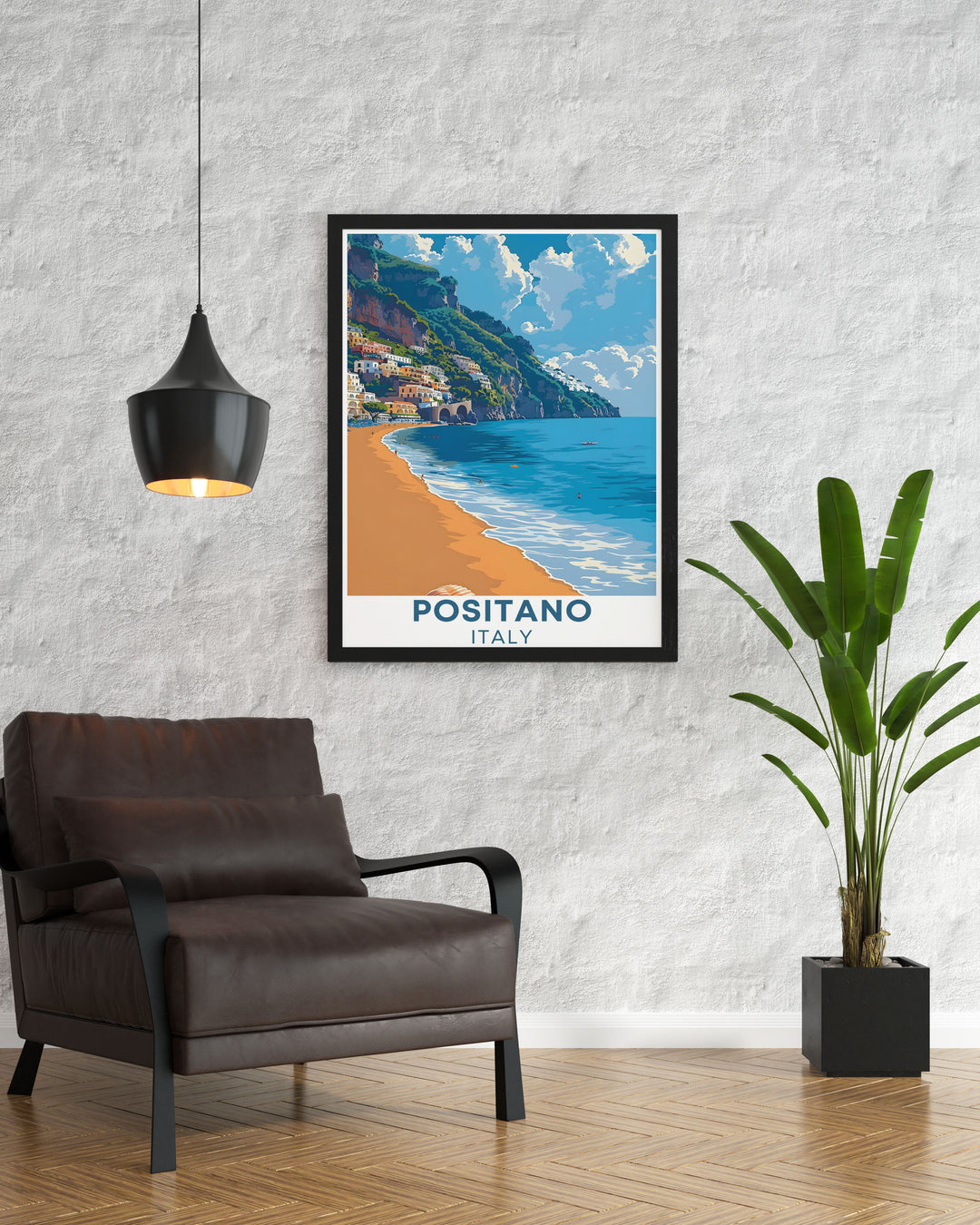 Spiaggia Grande wall art showcasing the charm of Positano with a serene beach scene that elevates your home decor bringing the soothing colors and inviting atmosphere of the Amalfi Coast right into your living space
