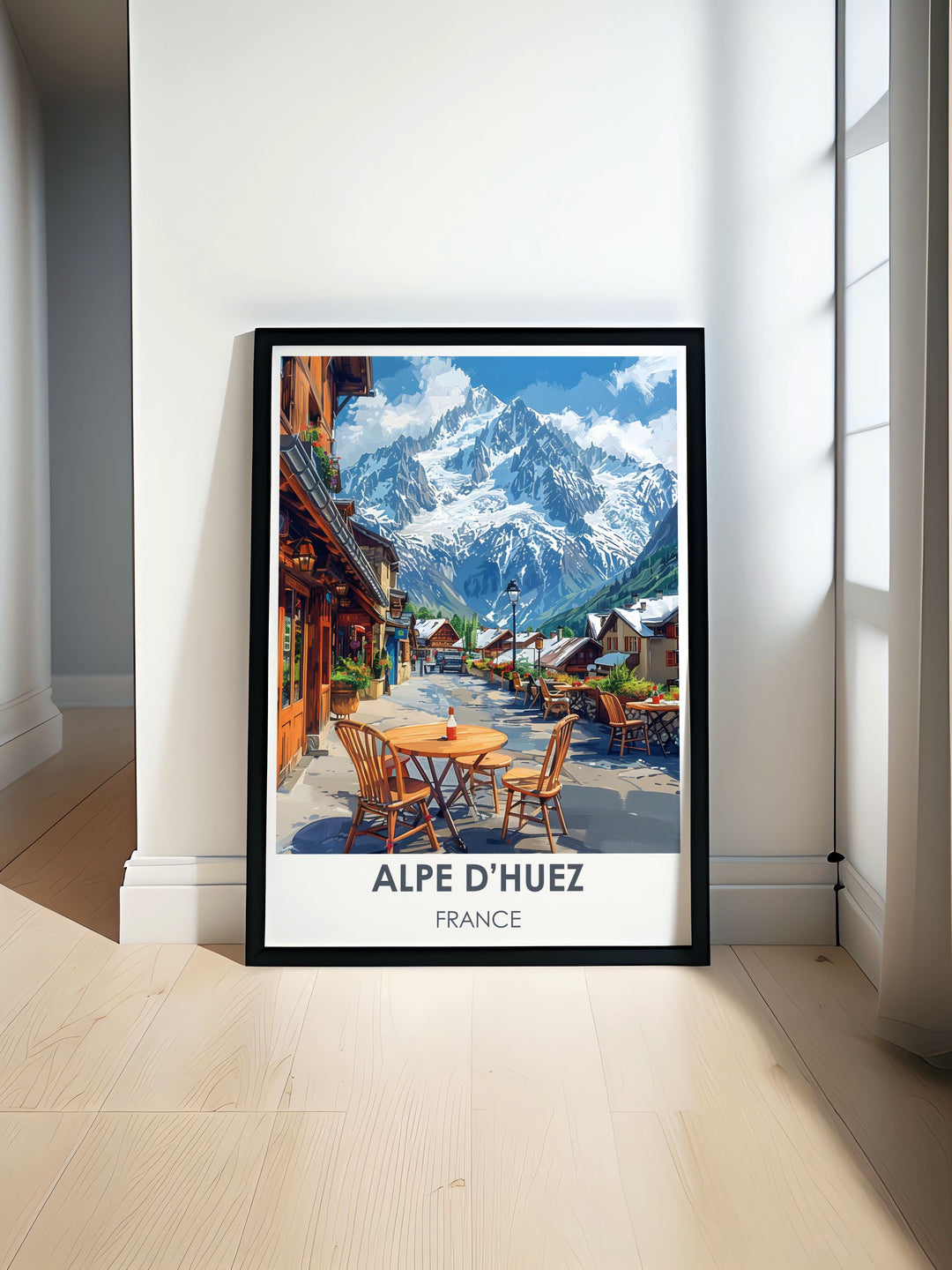 Gallery wall art of LAlpe dHuez Village capturing the vibrant life and winter atmosphere of this famous French ski resort.