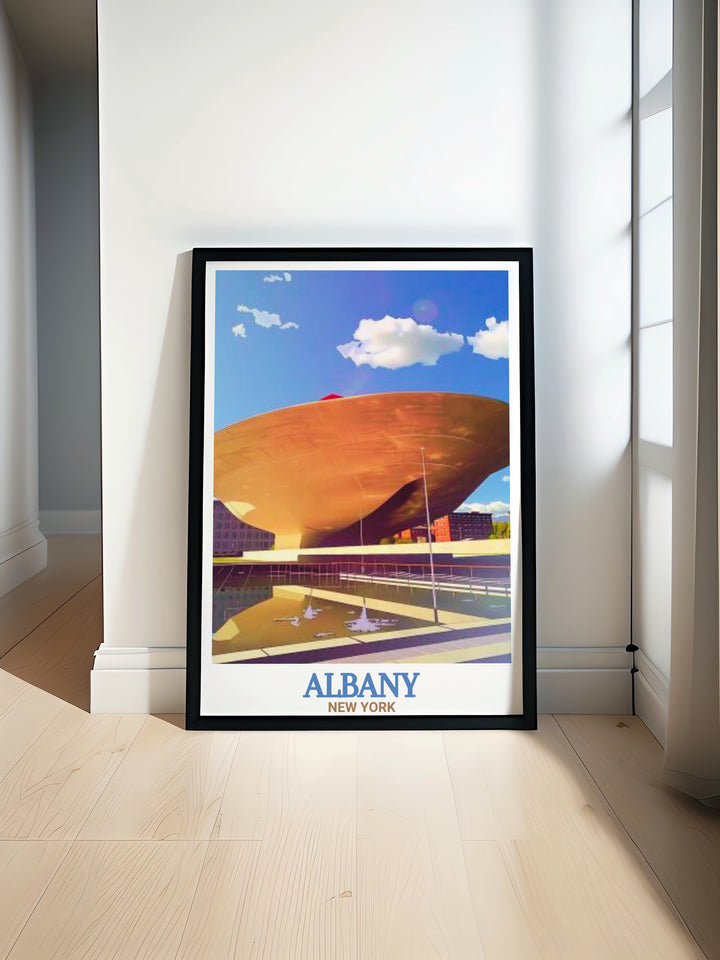 The Egg artwork showcasing Albanys iconic modern architecture perfect for art and collectibles enthusiasts looking for stunning New York State prints and gifts that highlight the beauty of Albany decor and wall art with vibrant colors and intricate details.