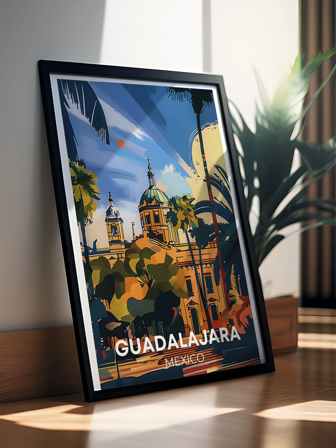 Showcasing the lively streets of Guadalajara, this travel poster captures the essence of the citys vibrant culture and colorful art, bringing a piece of Mexicos Pearl of the West into your home.