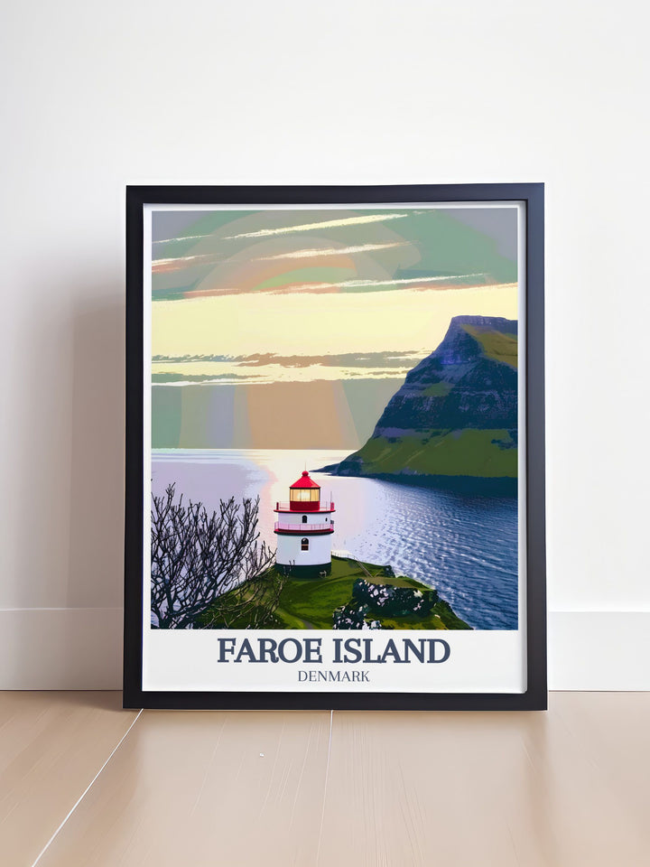 Bring the beauty of the Faroe Islands into your home with this modern decor featuring the Atlantic Ocean Kallur Lighthouse. A perfect wall art addition that complements any living space while celebrating the rugged beauty of the Danish archipelago.