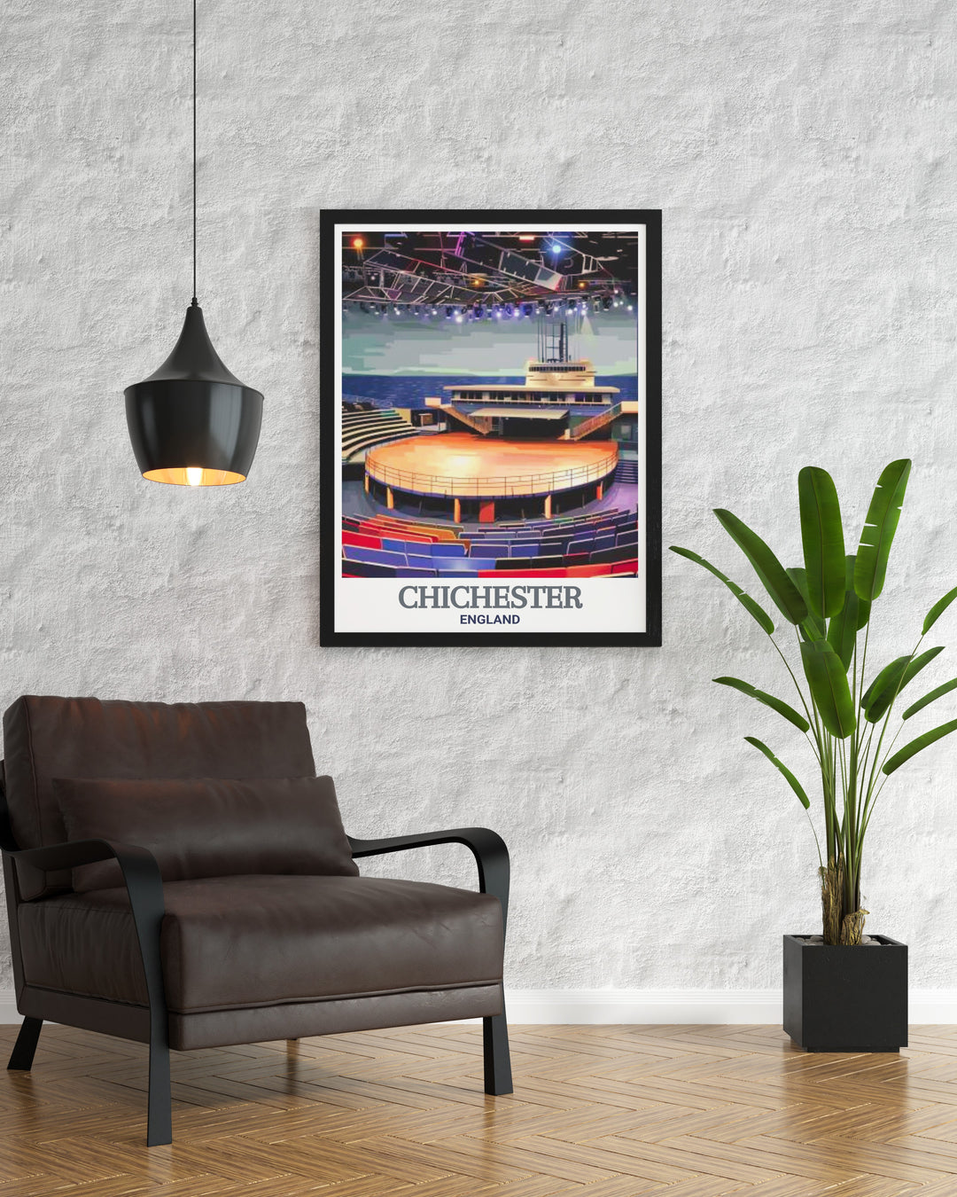 This Chichester art print captures the architectural beauty of the Chichester Festival Theatre, a modernist gem in Englands cultural landscape, perfect for adding a touch of sophistication to your home decor.