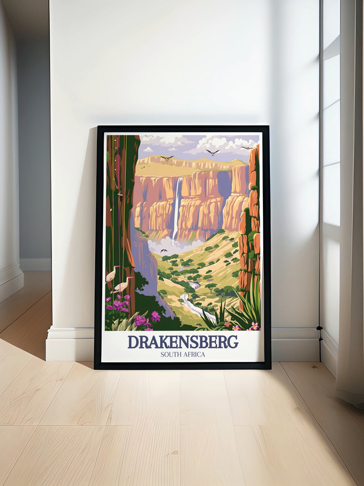 The grandeur of the Drakensberg Mountains is showcased in this Drakensberg Poster Print. With its depiction of Royal Natal National Park and Tugela Falls, this travel poster brings the vibrant landscapes of South Africa to your home. A perfect gift for anyone passionate about travel.