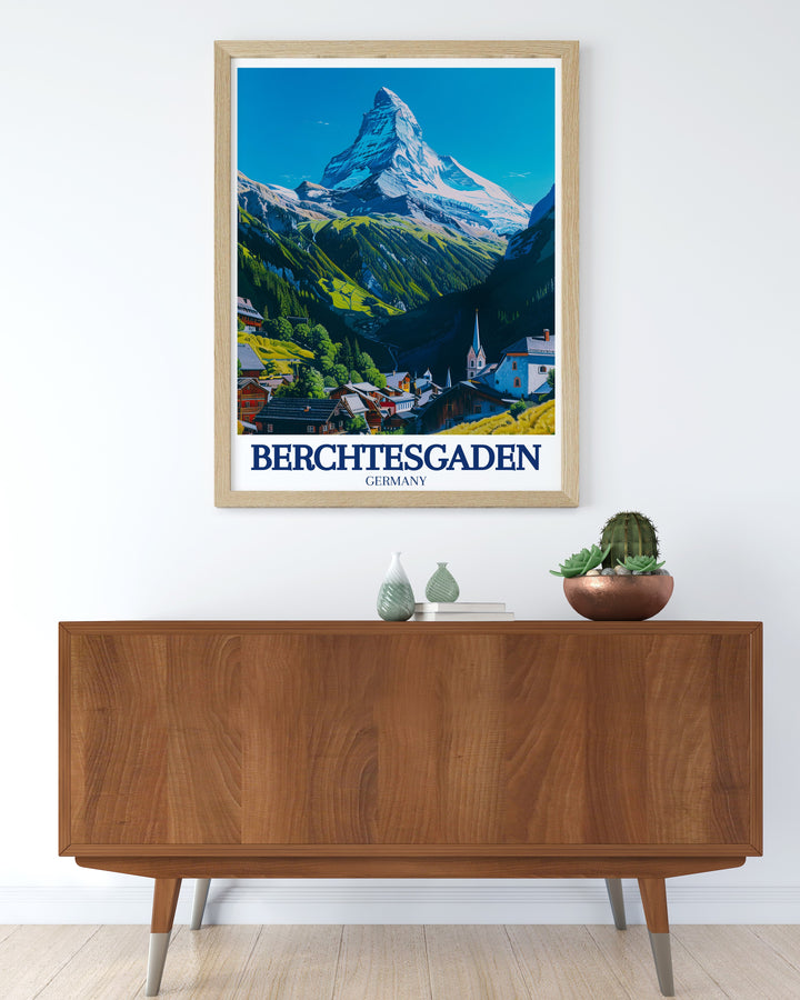 The Ramsau canvas art showcases the charming village nestled beneath the Watzmann mountain, a beloved symbol of the Bavarian Alps. This custom print adds a touch of Germanys natural beauty and alpine culture to your home décor, perfect for nature lovers.