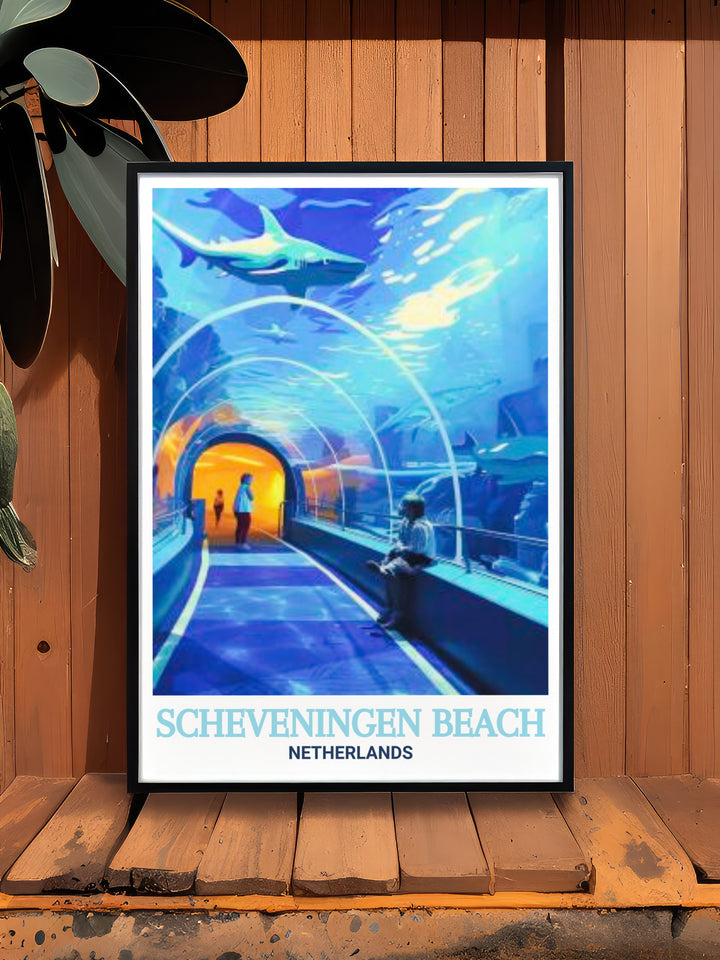 A stunning vintage style poster of Scheveningen Beach and SEA LIFE Scheveningen, Netherlands, offering a timeless representation of these beloved Dutch landmarks. Ideal for those who appreciate classic travel art.