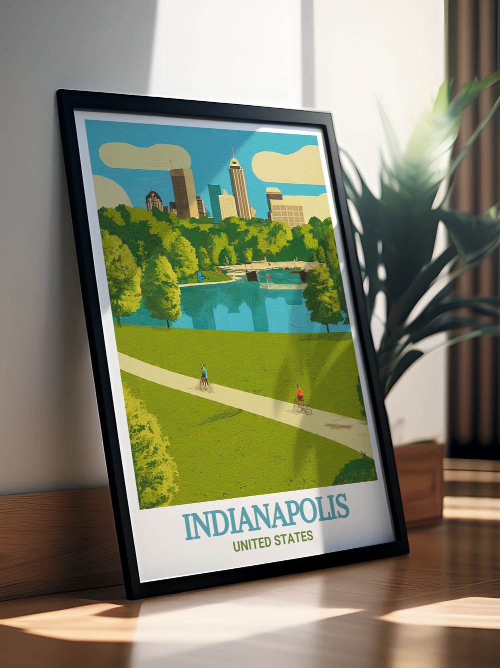 Indianapolis travel poster showcasing White River State Park and the skyline. Ideal for adding a piece of the citys charm to your home. The vibrant colors and fine details make this artwork a stunning addition to any room.