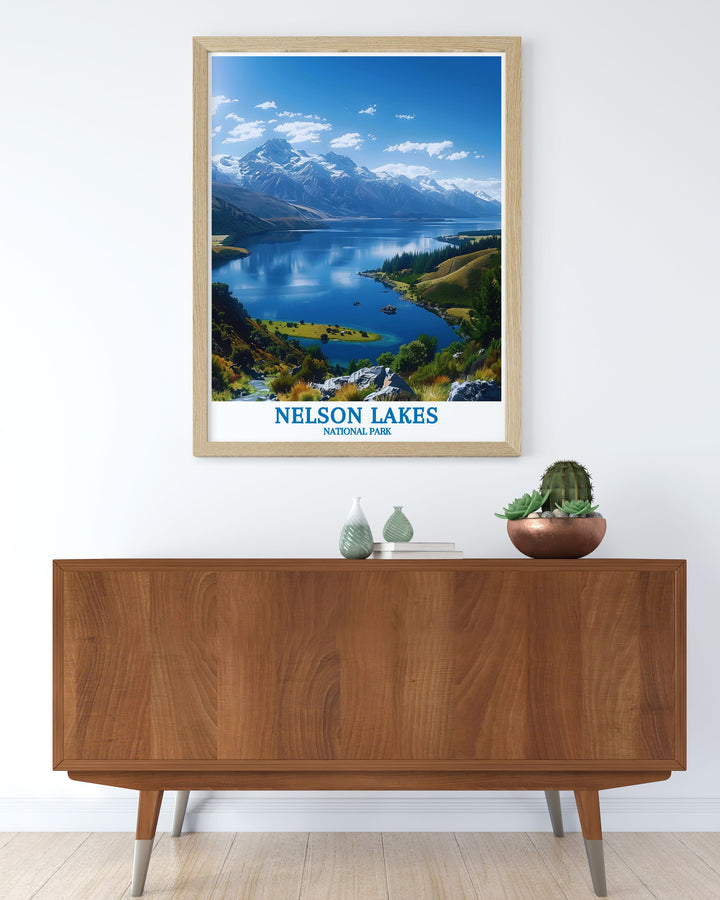 Captivating Lake Rotoiti artwork featuring the majestic landscapes and serene environment of this New Zealand national park, ideal for nature enthusiasts and those looking to transform their living spaces with stunning wall art