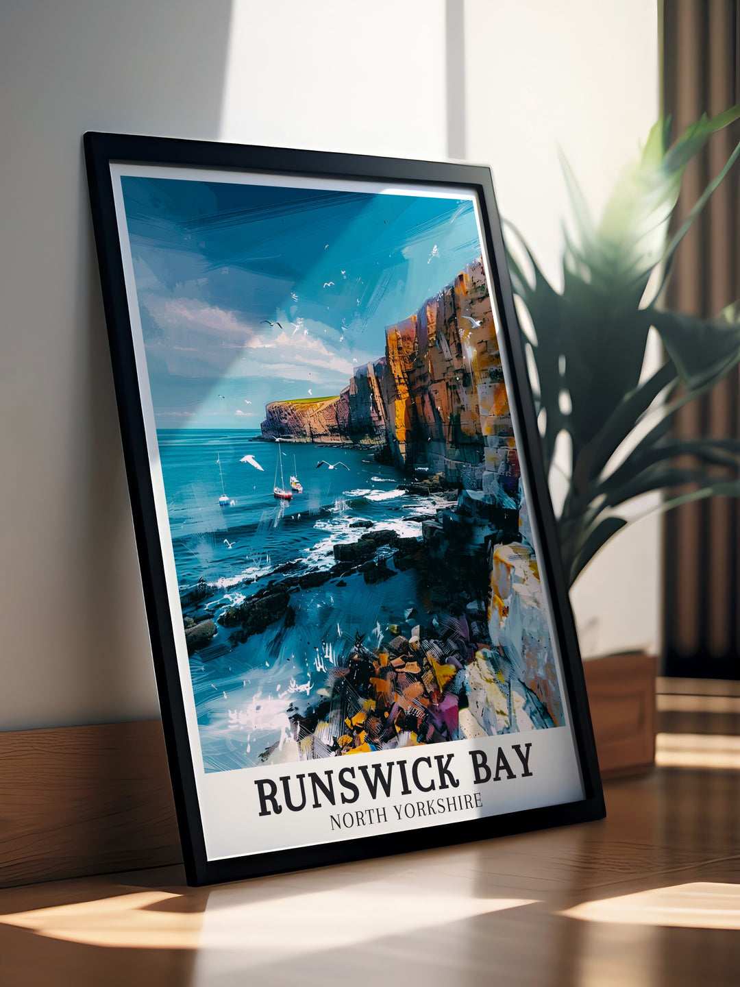 Framed print of Runswick Bay Village along the Cleveland Way Staithes Walk capturing the serene coastal landscape of North Yorkshire a perfect addition to your living room decor and a beautiful gift for those who appreciate the tranquility of coastal towns and nature