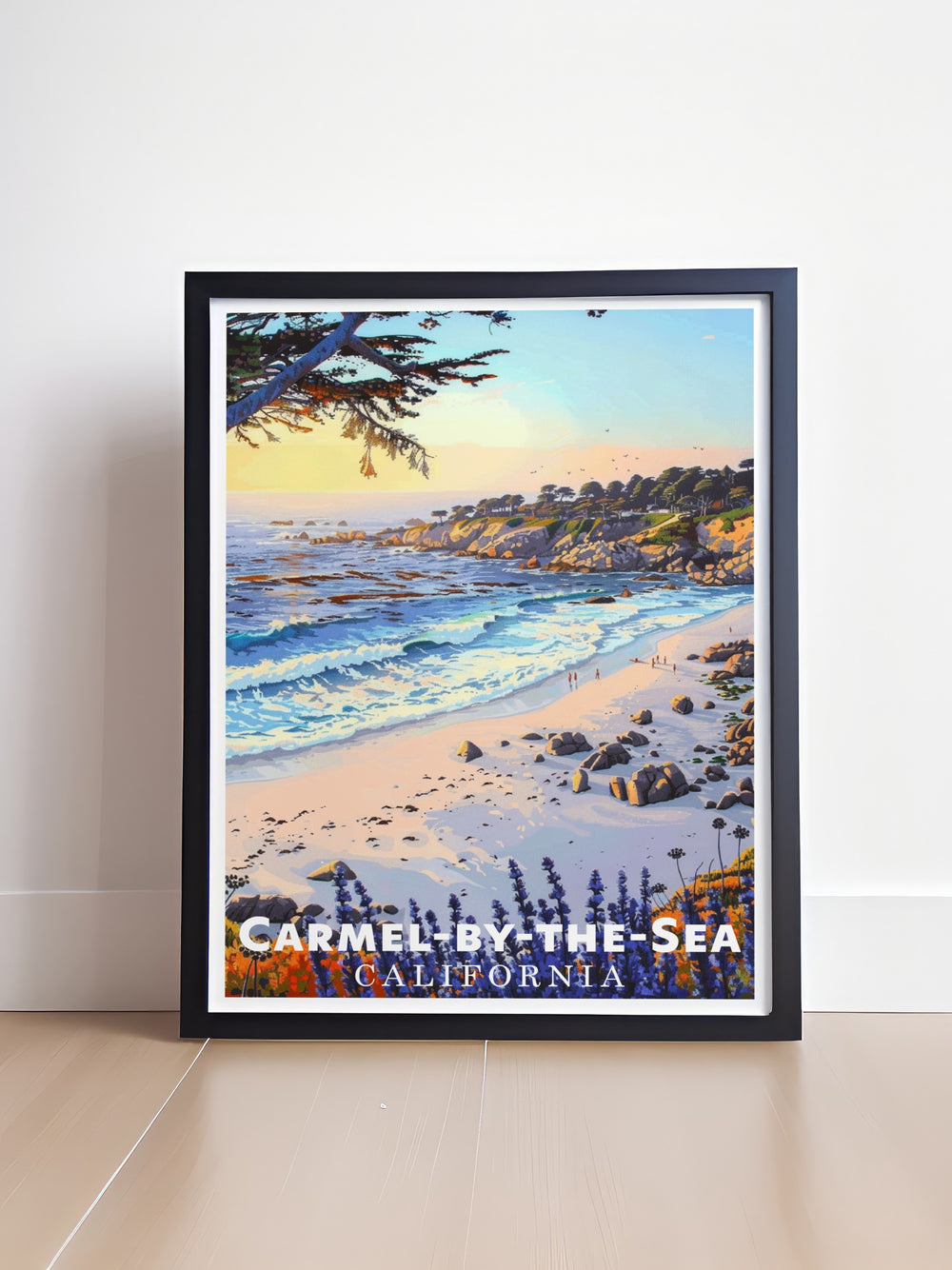 Stunning California poster featuring Carmel Beach ideal for creating a captivating focal point in your living room with modern prints that bring the tranquility and beauty of Carmel by the Sea into your home