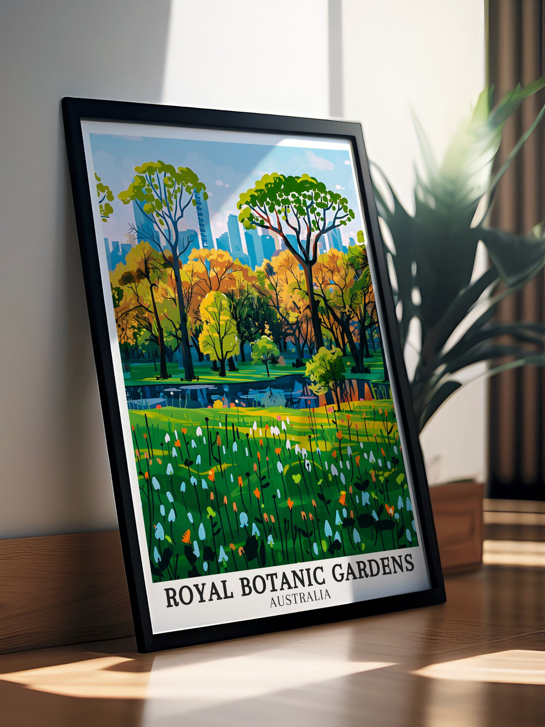 Elevate your living room or office with this Victoria Melbourne Gardens Modern Print a beautiful piece of Australia Wall Art that captures the lush greenery and peaceful atmosphere of the Royal Botanic Gardens perfect for any nature inspired decor