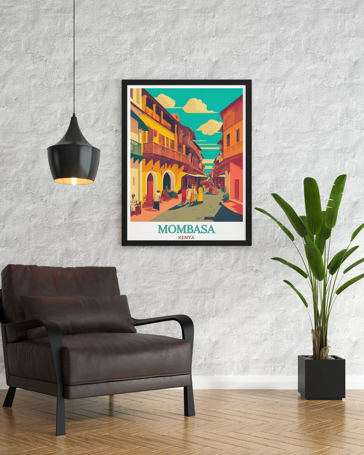 This Mombasa Poster Print captures the vibrant architecture and historical charm of Mombasas Old Town. Featuring Swahili culture and intricate details, this Kenya travel print is ideal for history lovers and decor enthusiasts.