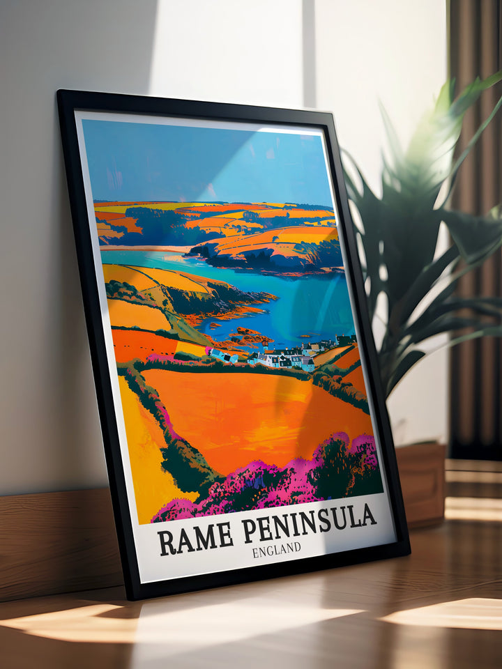 Bring the beauty of Cornwall into your home with this Rame Peninsula poster print featuring Rame Head Whitsand Bay Ideal for Cornwall lovers this artwork enhances any space with its depiction of the regions stunning landscapes making it a thoughtful and unique gift.