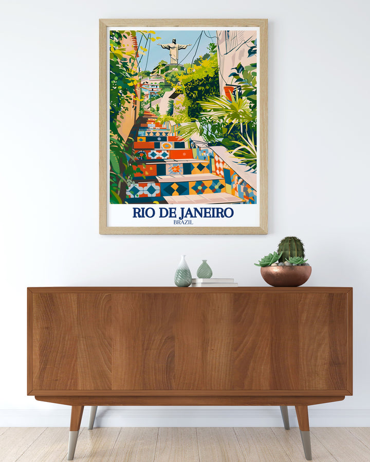 Selarón Staircase wall art highlighting the intricate and colorful tilework of one of Rios most beloved landmarks. This piece adds a vibrant and artistic flair to any room, celebrating the global influences that shaped it.