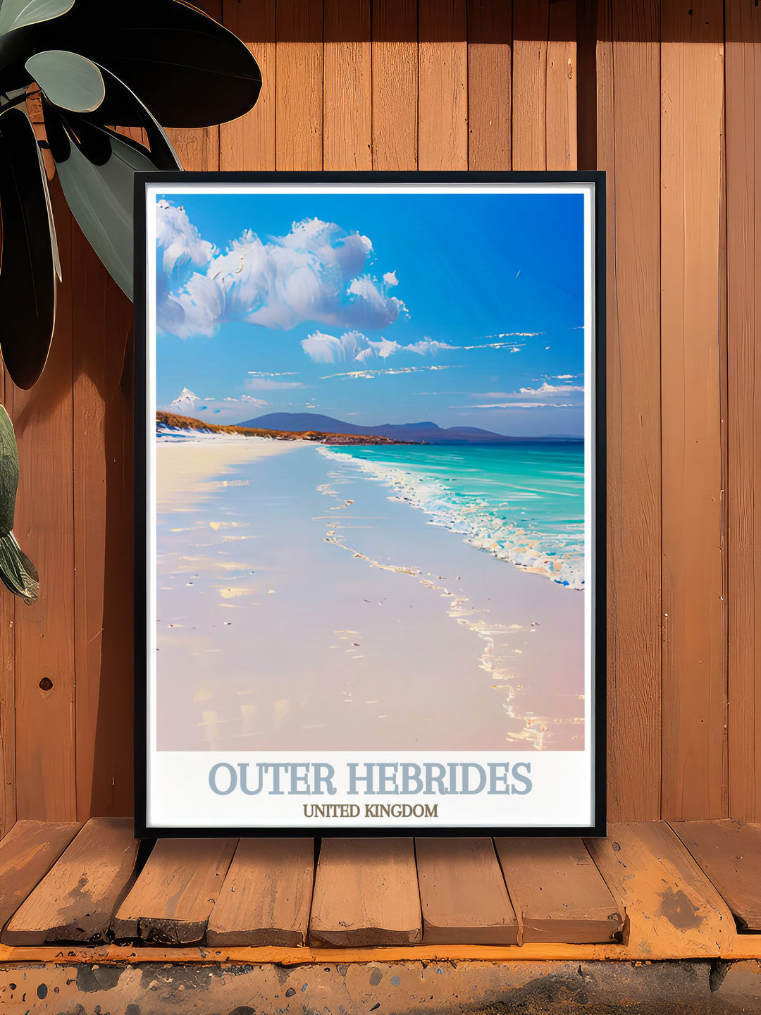 Vintage travel print of the Outer Hebrides featuring Luskentyre Beach ideal for those who appreciate Scottish hiking art and timeless island landscapes