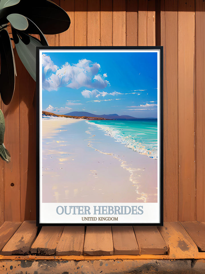 Vintage travel print of the Outer Hebrides featuring Luskentyre Beach ideal for those who appreciate Scottish hiking art and timeless island landscapes