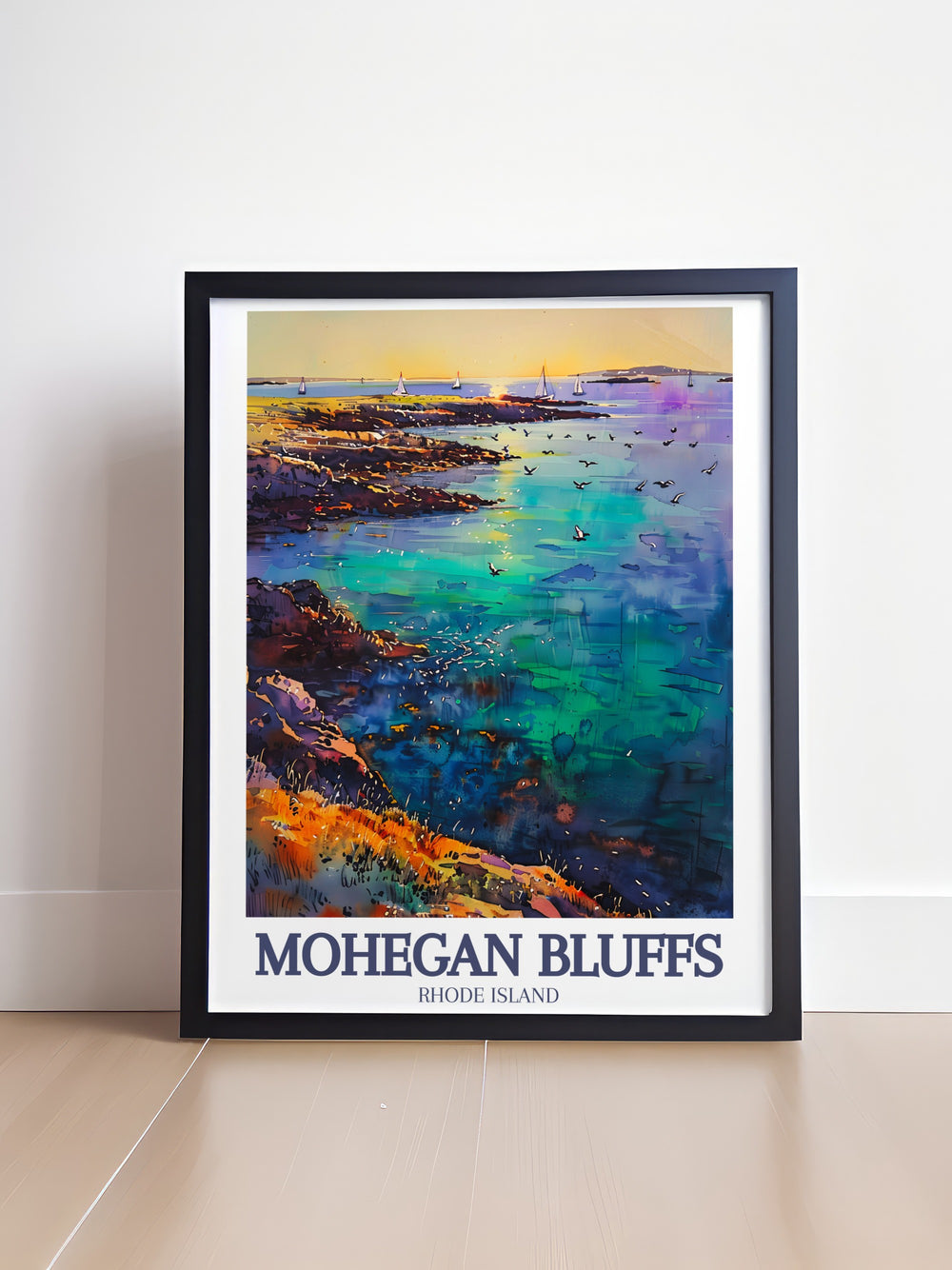 This Block Island art print beautifully depicts Mohegan Bluffs, showcasing the dramatic cliffs and beach in a vintage, watercolor inspired design. Perfect for adding a touch of Rhode Islands coastal beauty to any room, this travel poster is a great gift or wall décor option.