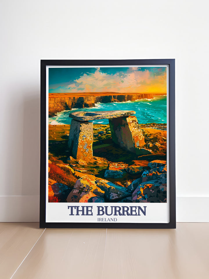 Captivating Burren National Park poster showcasing the stunning landscapes alongside Poulnabrone Dolmen Wild Atlantic Way ideal for home decor and a perfect gift for any occasion