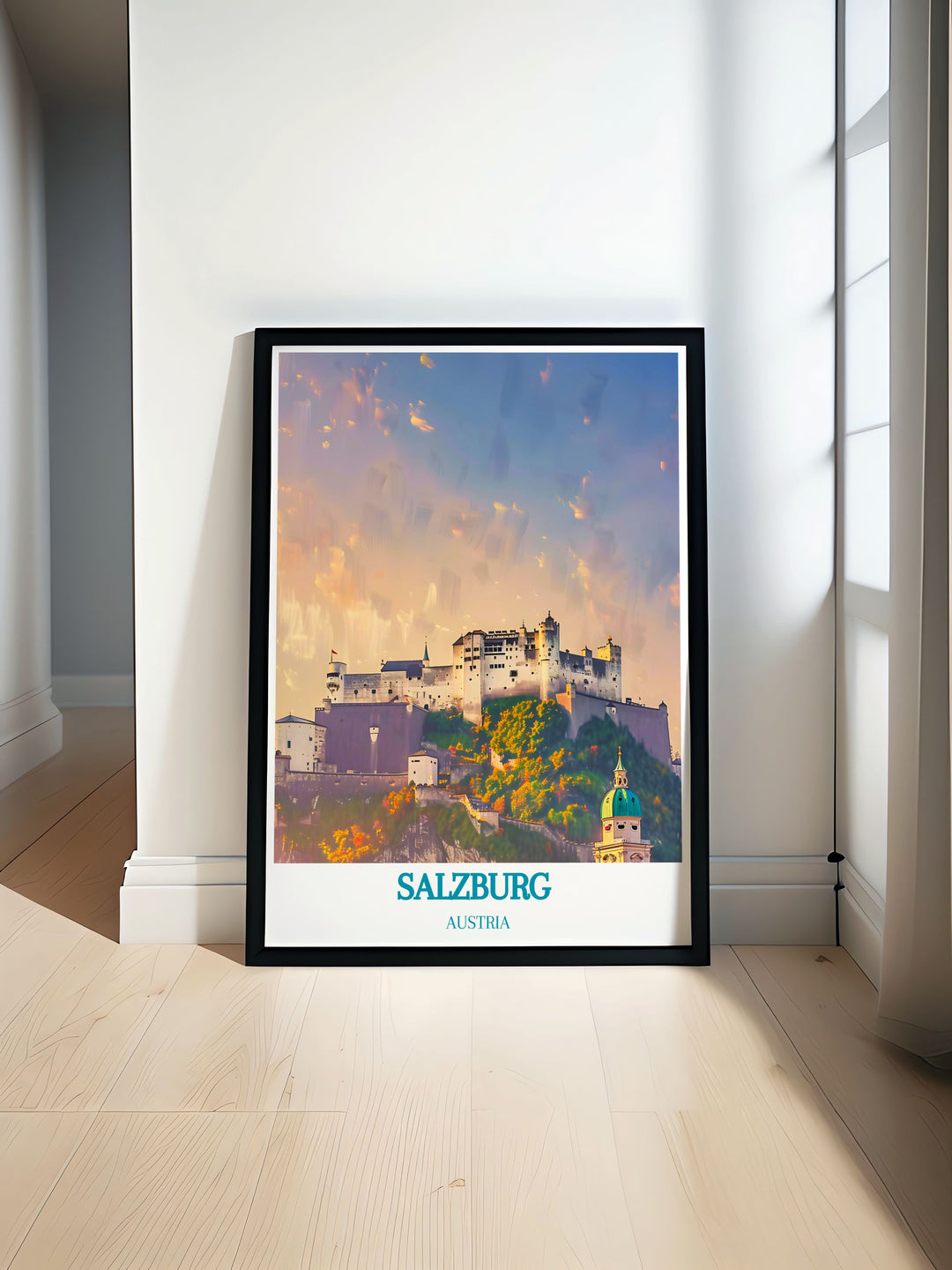 Salzburg Poster Print displaying Zauchensee Ski Resort and Hohensalzburg Fortress featuring vintage skiing art perfect for adding Austrian elegance to your home with stunning modern decor for a classic yet contemporary look