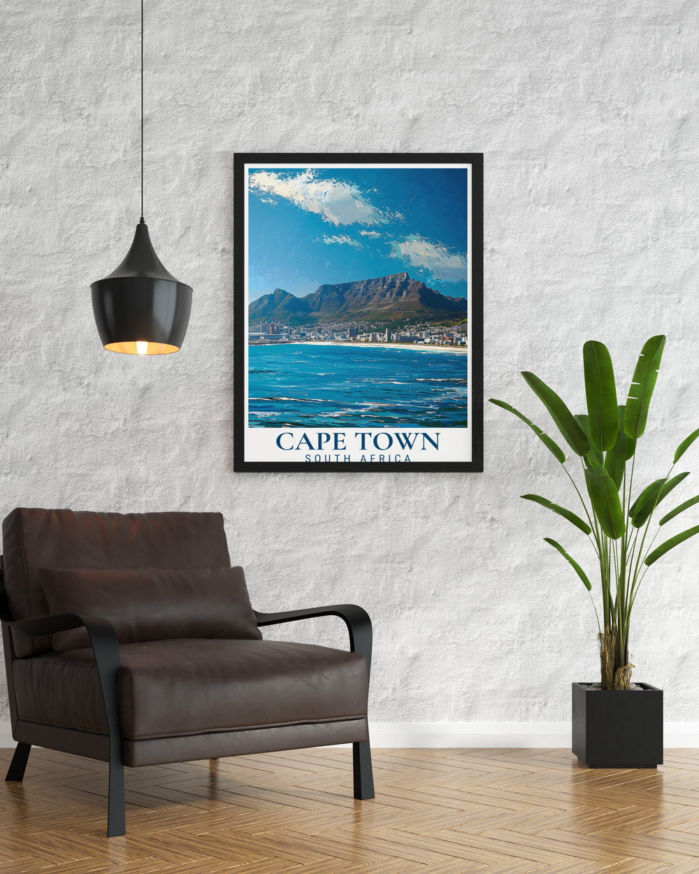 Cape Town wall art featuring the majestic Table Mountain and vibrant colors. This vintage travel print is a perfect addition to any room looking for a modern decor piece inspired by South Africas stunning national park.