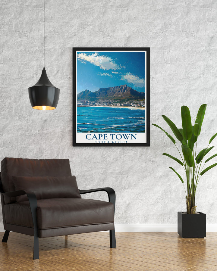 Cape Town wall art featuring the majestic Table Mountain and vibrant colors. This vintage travel print is a perfect addition to any room looking for a modern decor piece inspired by South Africas stunning national park.