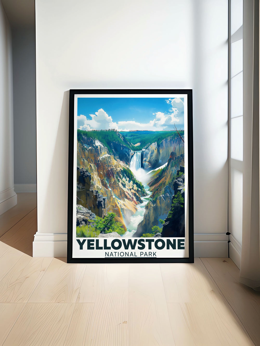 A Yellowstone vintage poster that honors the beauty of Yellowstone Falls while highlighting the parks unique geological features. This travel print serves as a reminder of the incredible sights found in this iconic national park.