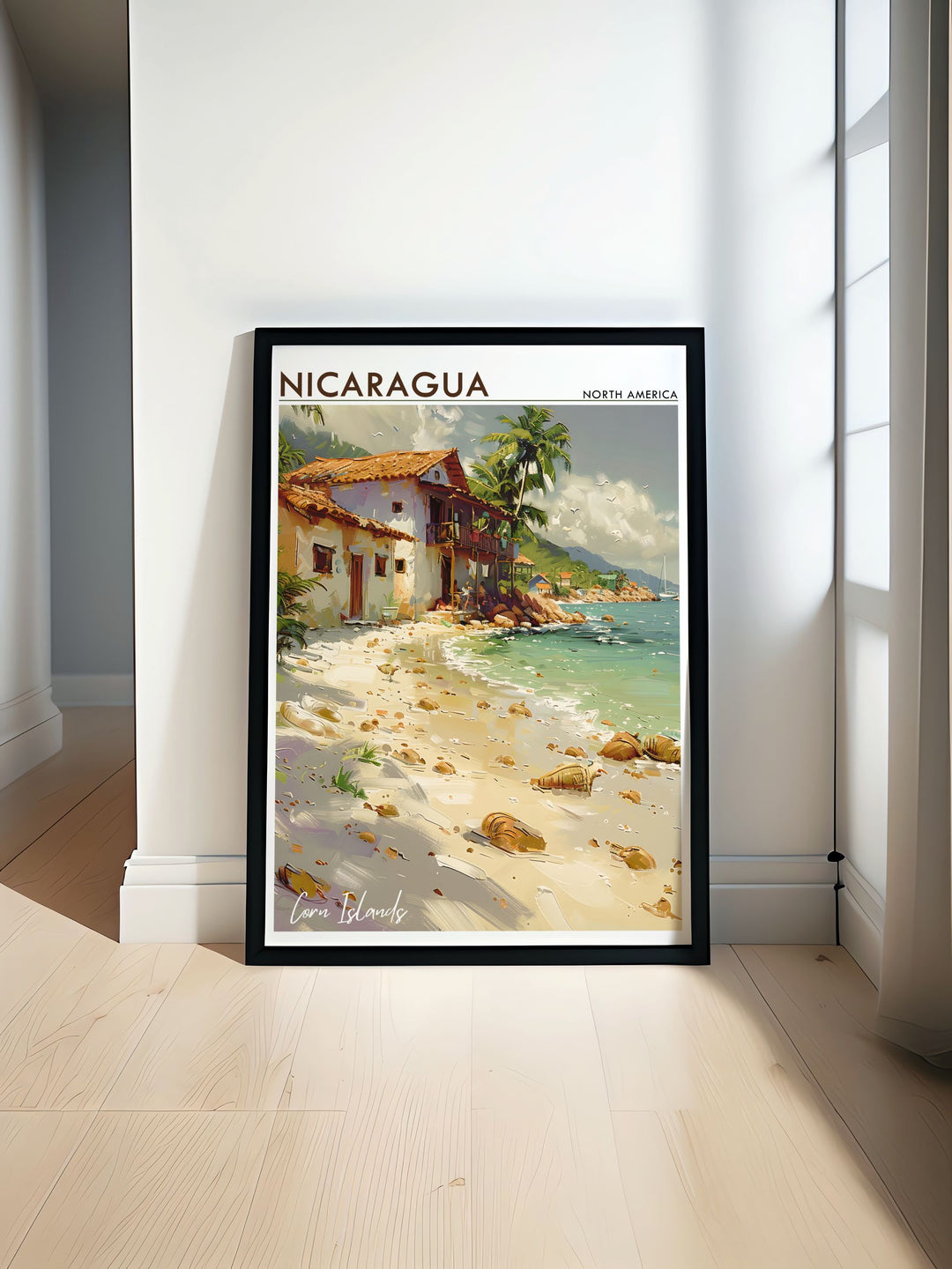 Travel poster print of Corn Islands featuring vibrant colors and intricate details perfect for home decor showcasing the beauty of Nicaragua in a unique city art print ideal for any room