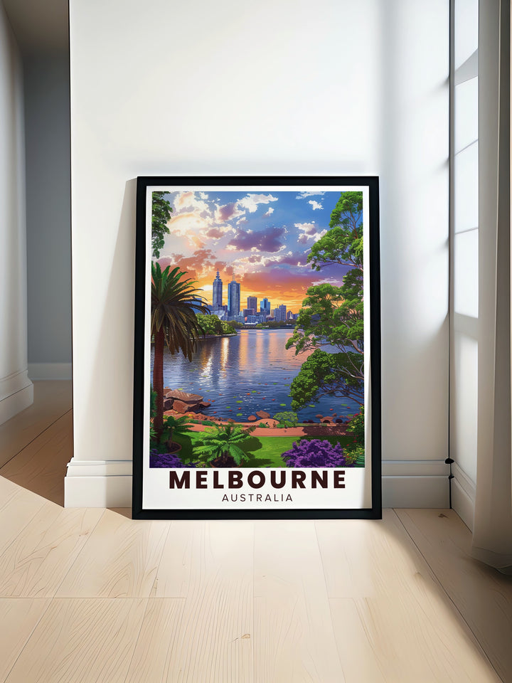 Our Melbourne Poster highlights the Royal Botanic Gardens, one of Melbournes most tranquil spots, and blends it with the citys iconic skyline. This print is ideal for travelers and nature lovers looking to bring a piece of Melbournes beauty into their decor.