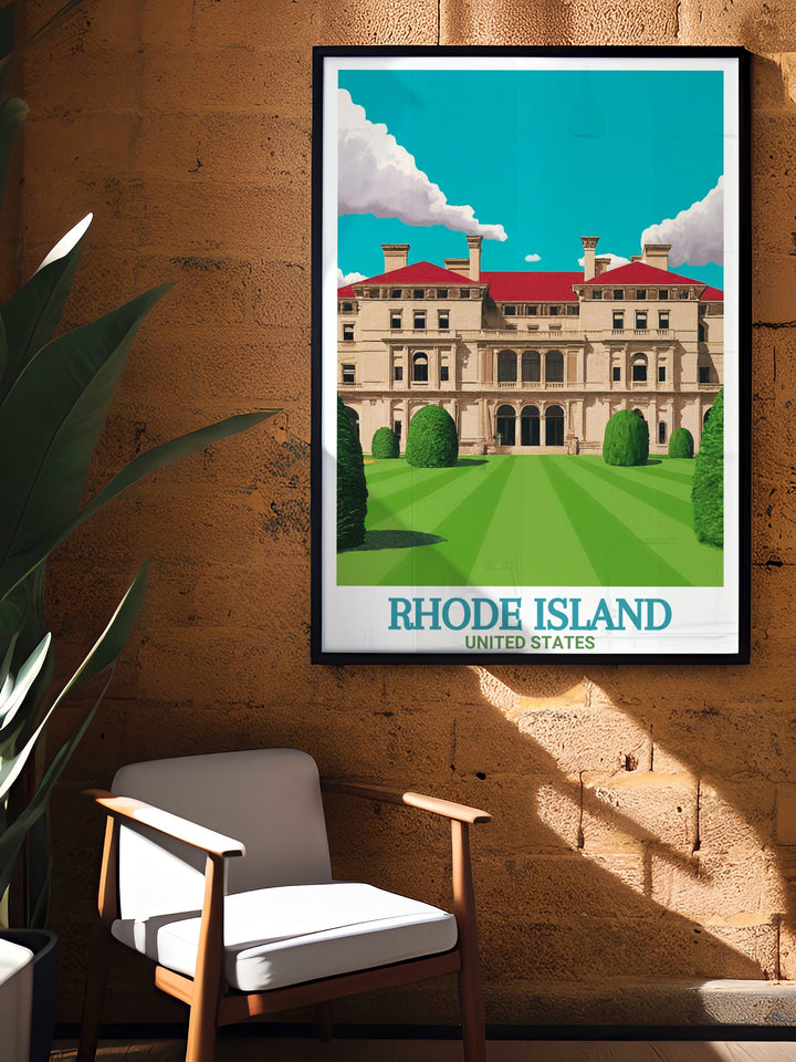 This travel print of The Breakers in Rhode Island offers an elegant portrayal of one of Newports most famous landmarks. Perfect for art lovers and travelers, this piece adds a historical touch to any room with its detailed depiction of the mansion and the coastal charm of the area.