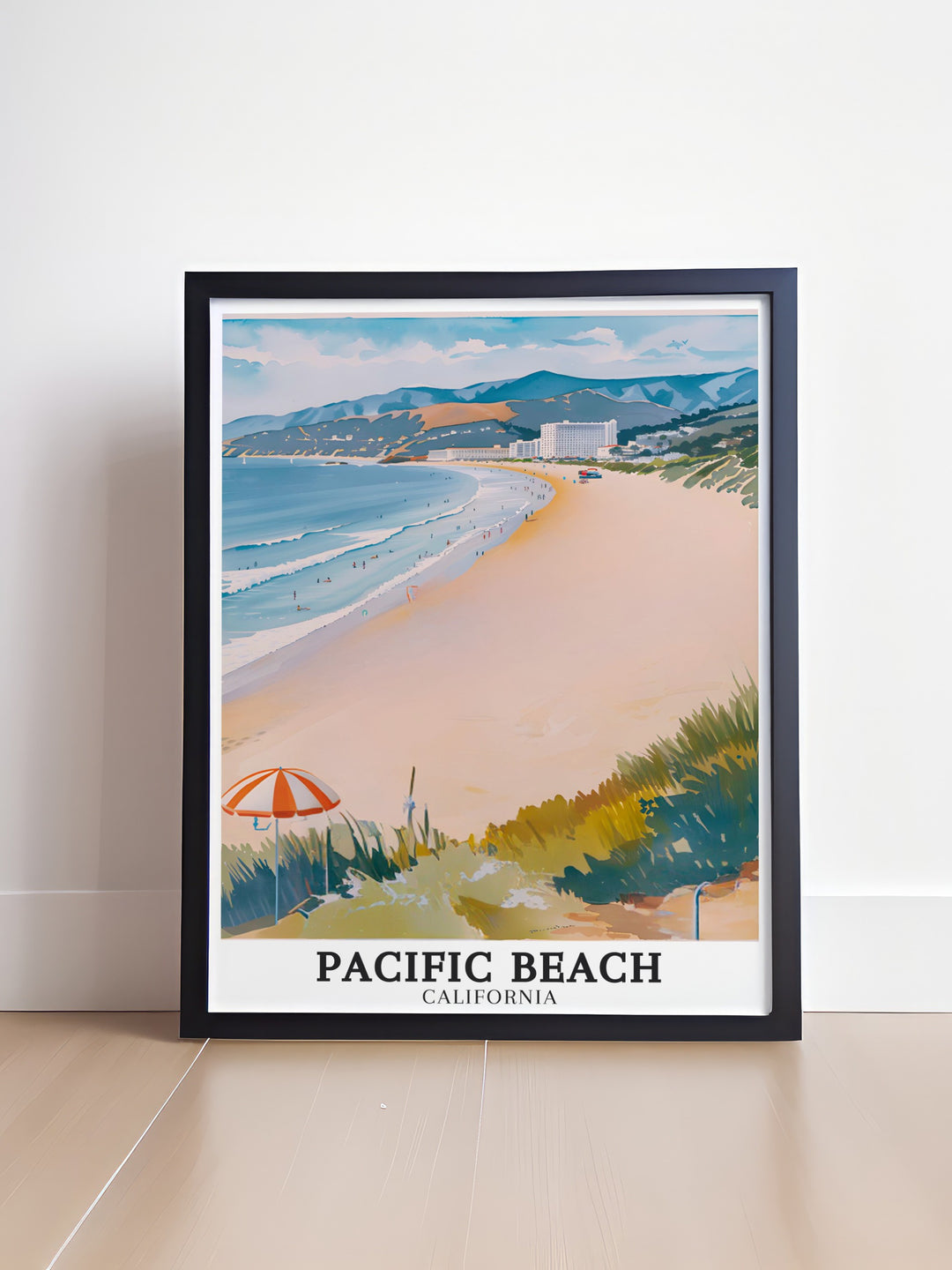 Featuring San Diegos beloved Pacific Beach, this vibrant poster showcases Pacific Hotels and the lively boardwalk. Perfect for those who dream of Californias golden sands, it brings the beauty of the coast into your living room.