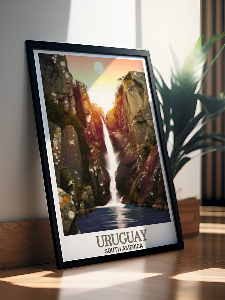 Uruguay poster capturing the lively spirit of Montevideo and the tranquil beauty of Salto del Penitente modern decor ideal for enhancing any room with stunning artwork that tells a story of Uruguay.