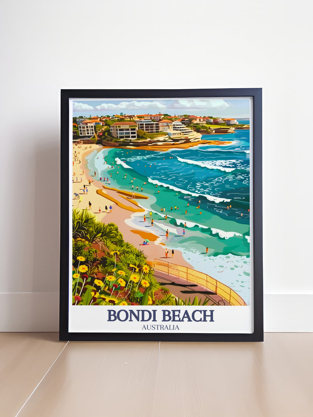 Retro travel poster of Sydney Harbour with detailed illustrations of the Sydney Opera House and Harbour Bridge. Bondi to Coogee Coastal Walk Bondi wall art brings coastal charm and energy to your living space, ideal for travel enthusiasts and art lovers.
