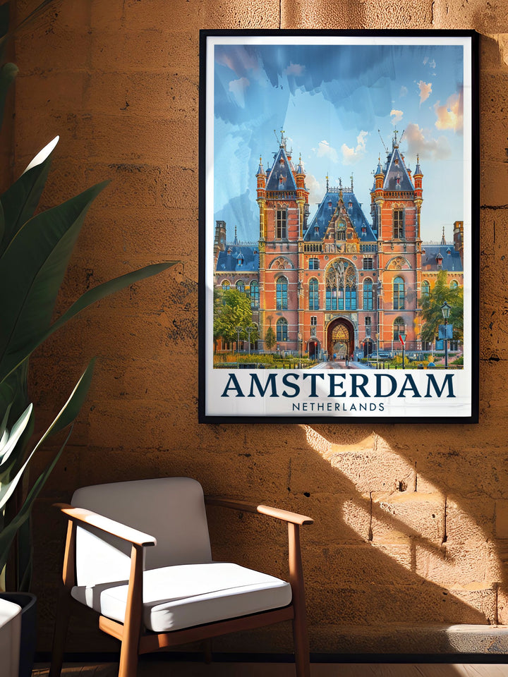 Intricate fine line print of Amsterdams Rijksmuseum. This Amsterdam colorful art piece is perfect for adding a touch of elegance to any room. Ideal for home decor and as a unique gift for special occasions such as anniversaries and birthdays.