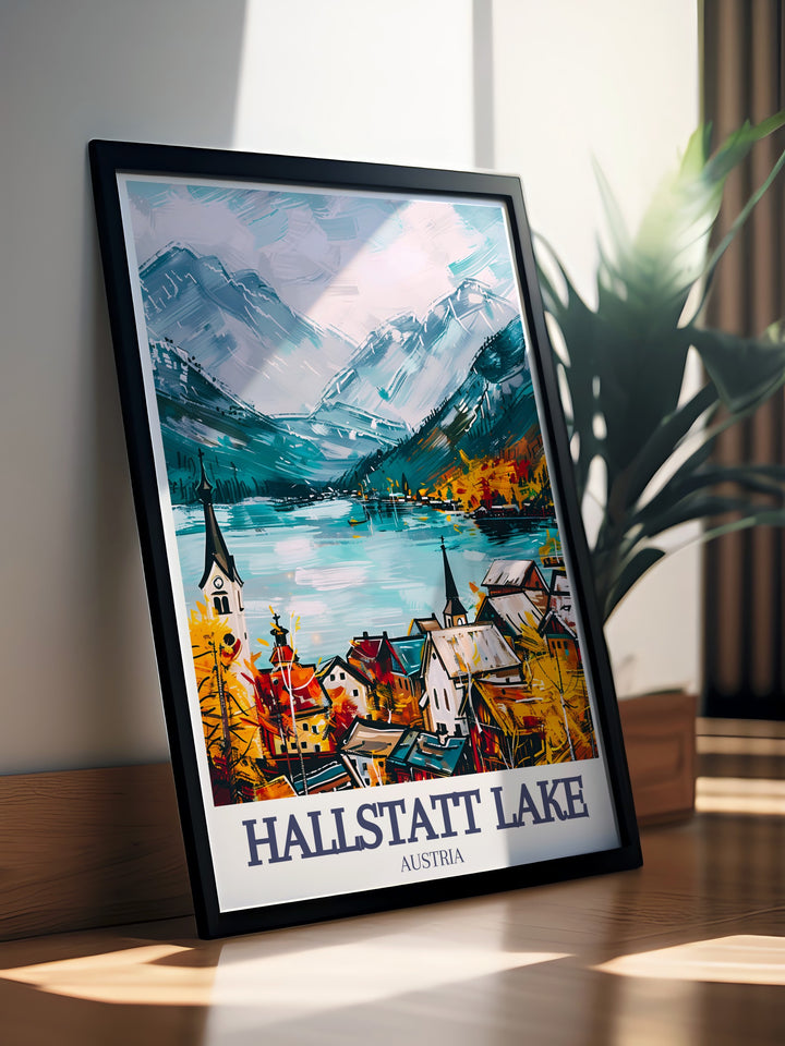 This Hallstatt artwork brings the beauty of Austrias Alps to life. Featuring the peaceful Hallstatt Lake, the towering Dachstein mountains, and the iconic Hallstatt Lutheran Church, this travel print is a perfect gift for nature and travel lovers alike.