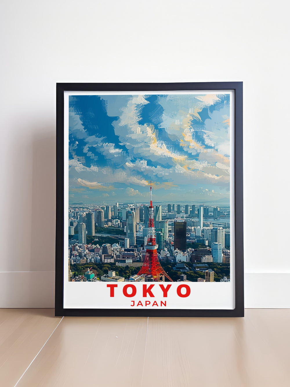 This Japan travel poster combines the beauty of Tokyo Tower and Mount Fuji, showcasing the harmony between Japans urban energy and serene landscapes. Framed by cherry blossoms, this stunning print brings the essence of Japans culture into your home.