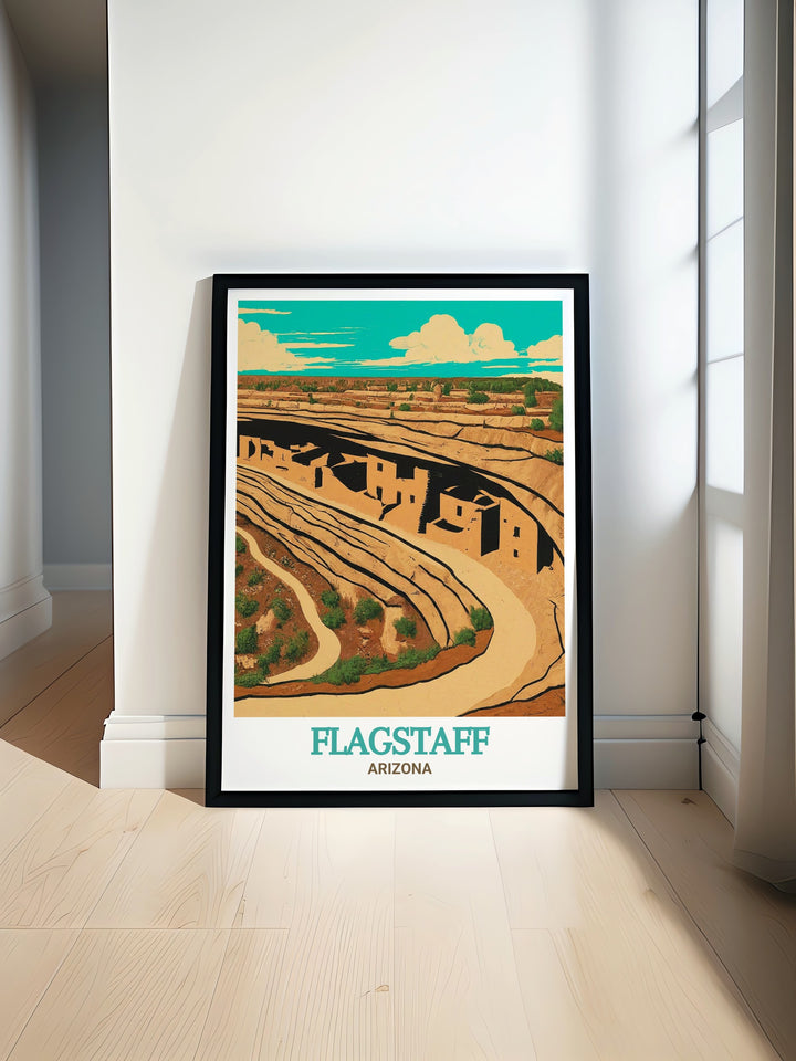 Flagstaff travel poster featuring Walnut Canyon National Monument is perfect for adding colorful art to your home. This Flagstaff print blends vibrant cityscapes with the natural beauty of Walnut Canyon offering a striking addition to any living room or bedroom.