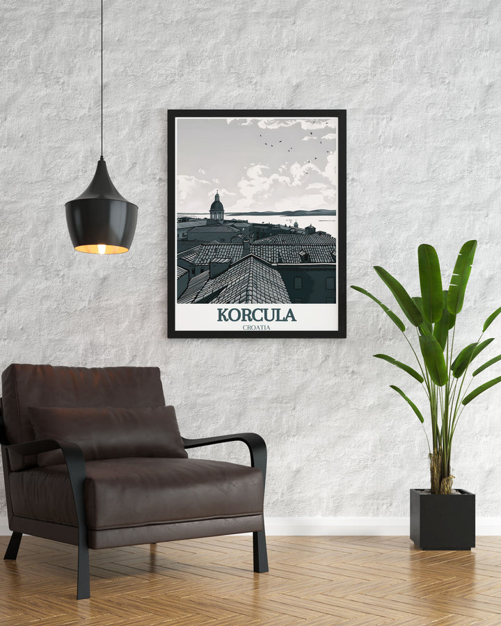 Croatia wall decor featuring St. Marks Cathedral and the Adriatic Sea captures the charm of Korcula in a timeless art print. This beautiful travel poster is ideal for decorating your living space or giving as a gift to travel and art lovers.