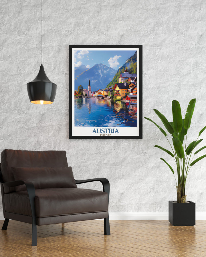 Hallstatt Austria wall art combines a vibrant city print with fine line detail. This Austria poster showcases the picturesque charm of Hallstatt and is perfect for elegant home decor gifts or special occasions like anniversaries and birthdays.